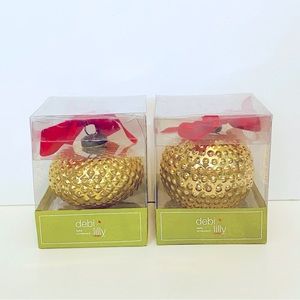 2 NIB Debi Lilly Talia 4” Large Gold Ornaments with Red Ribbon Hangers